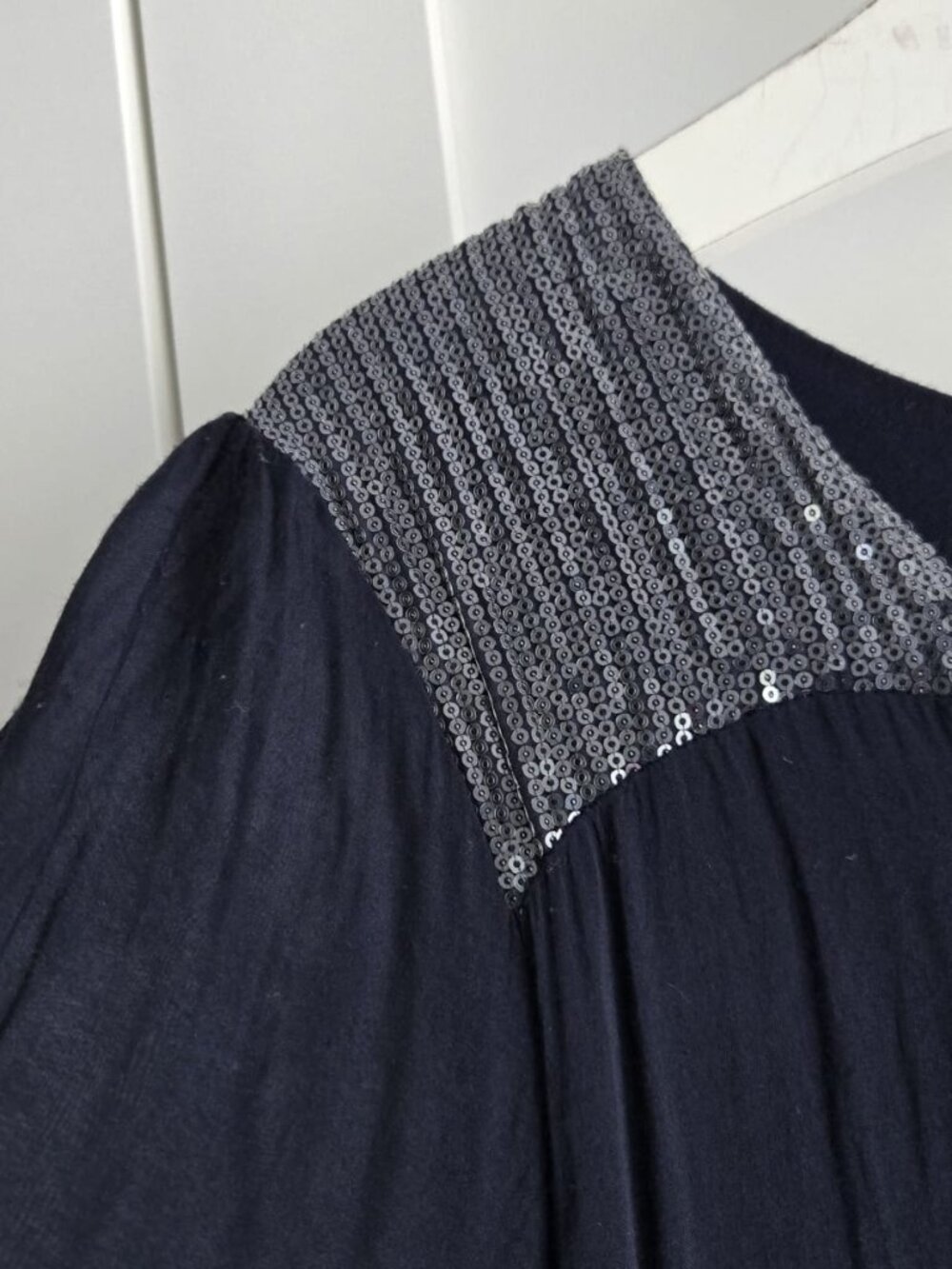 NWT Dark Navy Italian Silk Blend Lace Sequin Dress Size L - Picture 3 of 12